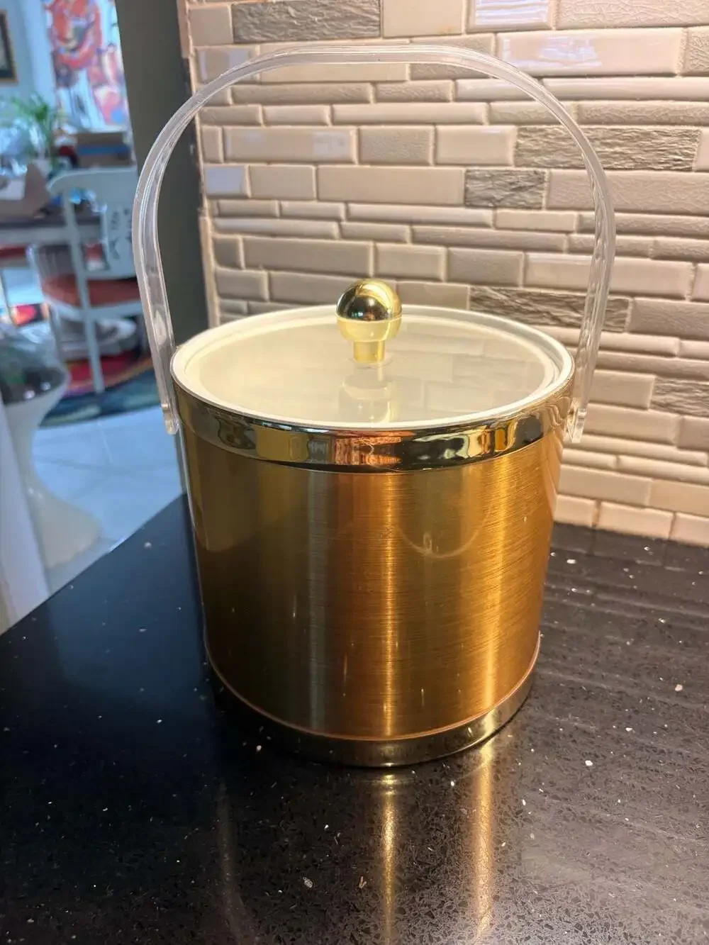 Vintage Brushed Gold Ice Bucket with Lucite Handle and Gold Tone Ball Knob